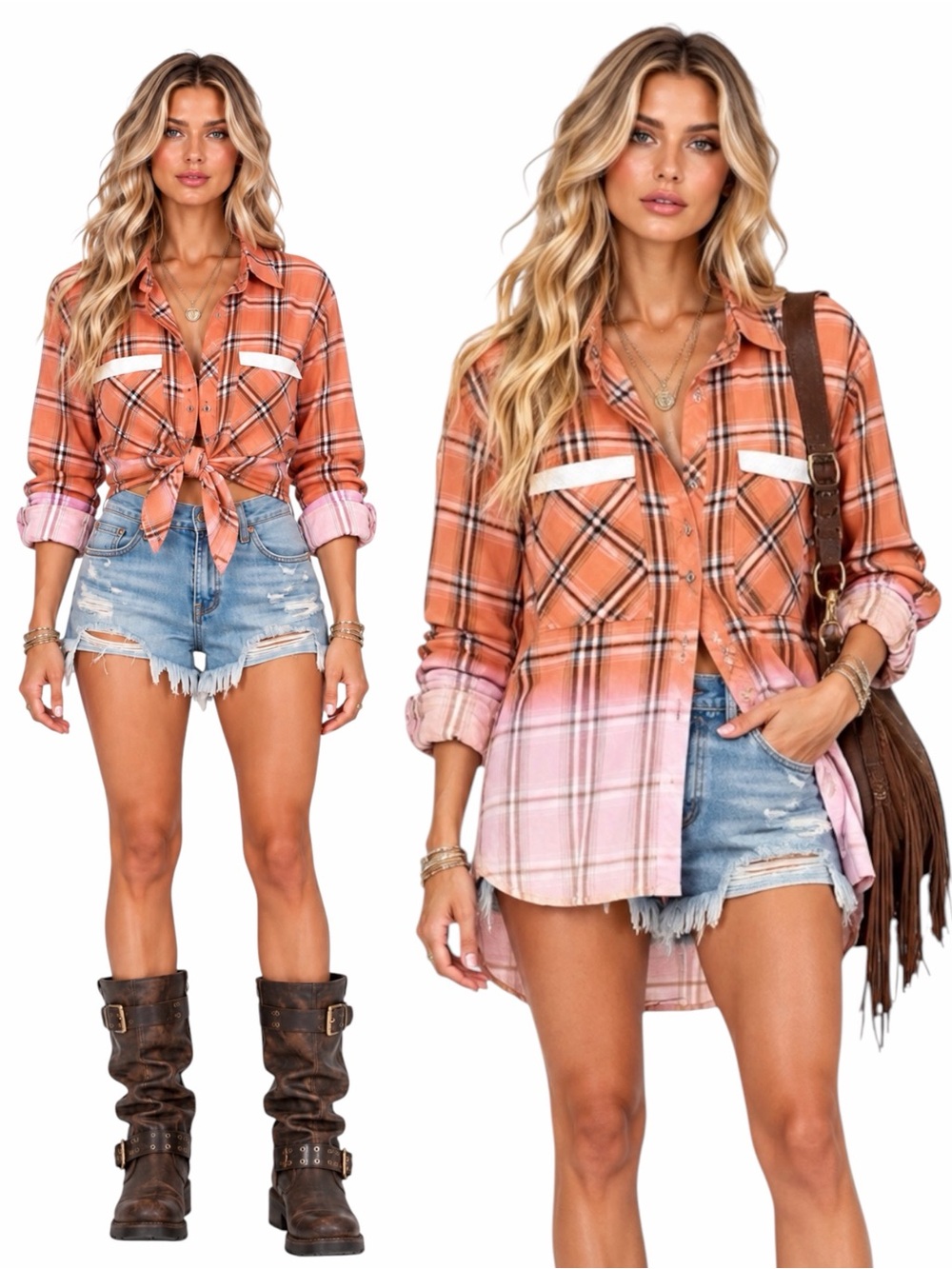 POL – Plaid Ombre Dip-Dye Button-Down Shirt – Coral Pink – Sz. L
